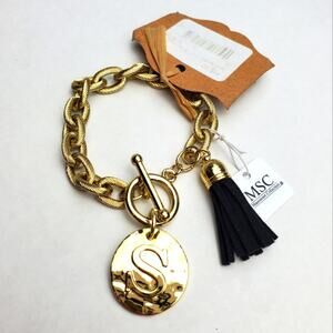 NWT MSC Monogram S Gold Tone Link Charm Tassel Toggle Clasp Statement Bracelet
